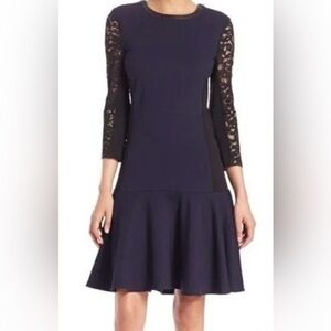 Rebecca Taylor Navy Dress with Black Leather Trim Lace Sleeves NWT Scuba Fabric